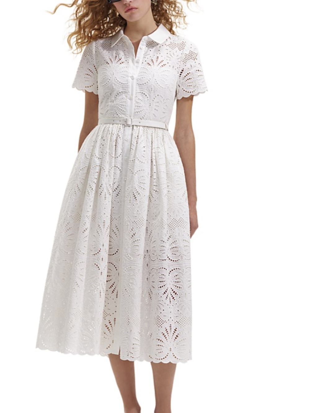 Self portrait cotton Eyelet Shirt dress Midi in White w belt Brodie anglaise 8